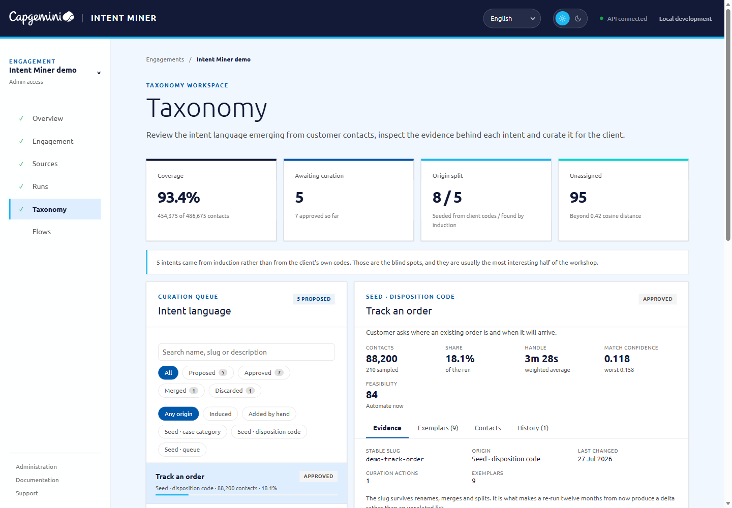 The taxonomy workspace, with the curation queue and the evidence behind one intent.